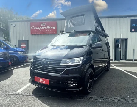 Black CamperKing campervan parked in front of CamperKing Scotland Showroom