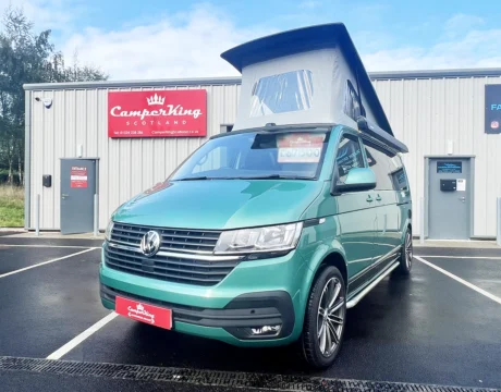 Bay Leaf Green Portofino CamperKing parked in front of CamperKing Scotland building in Falkirk