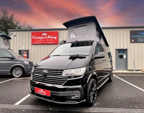 Deep Pearl Black Campervan parked in front of CamperKing Scotland showroom in Falkirk