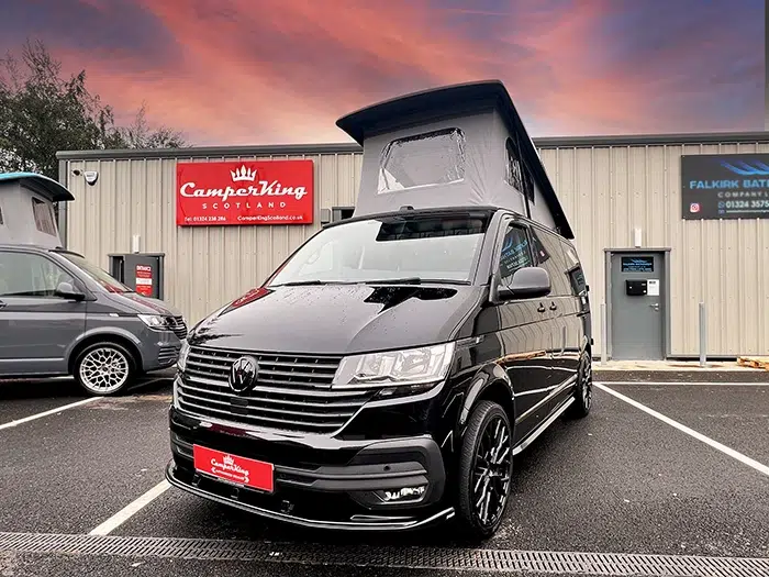 Deep Pearl Black Campervan parked in front of CamperKing Scotland showroom in Falkirk