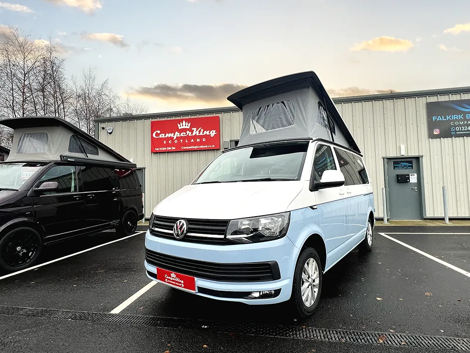 2 Tone Campervan parked in front of CamperKing Scotland Showroom with pop top roof up